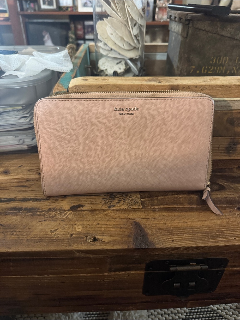 kate spade pale pink zip-around leather wallet